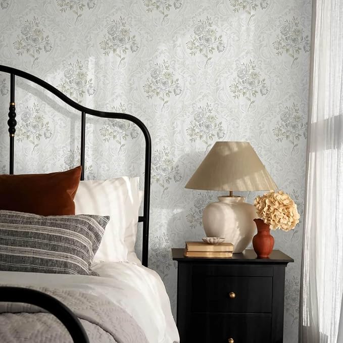 Ismoon Floral Peel and Stick Wallpaper Vintage White and Grey Contact Paper Boho Watercolor Damask Wallpaper Textured Removable Self Adhesive Vinyl Wall Paper for Bedroom, 17.3 in X 6.5 ft