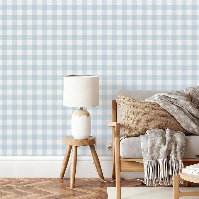 Plaid Wallpaper Peel and Stick, Blue, 17.7"x78.7" | Self Adhesive, Vinyl, Removable, Boho Contact Paper, Checkered Wall Paper for Bedroom, Living Room, Bathroom