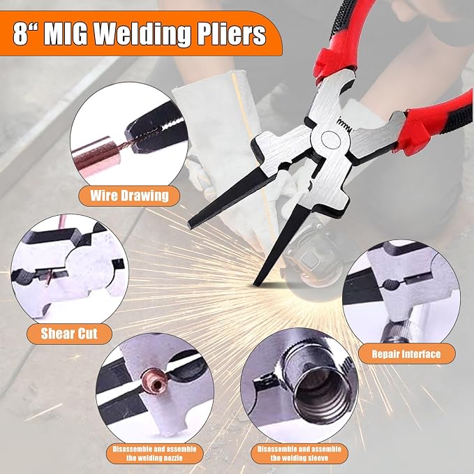 9Pcs Mig Welding Accessories Tools Kit for Beginners,10.5"Chipping Hammer Welding,9.5"Wire Brush,13.5"Leather Welding Gloves,8"MIG Welding Pliers,25LB Welding Magnet,Wire Metal Sheet Thickness Gauges