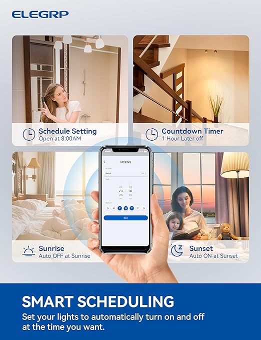 ELEGRP Smart Light Switch, 2.4GHz Wi-Fi Light Switch Compatible with Alexa & Google Assistant, Neutral Wire Required, APP Control and Timer Schedule, UL Certified, Single Pole/3 Way, White, 10 Pack
