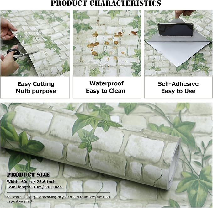 Green Leaves Brick Wallpaper Peel and Stick Realistic Distressed Textured Waterproof Self Adhesive Contact Paper Vintage Removable Vinyl Wall Paper Faux Brick Look Wall Covering 23.6"x393"
