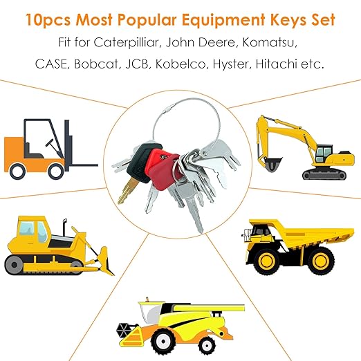 10 Heavy Equipment Key Master Set - Construction Ignition Keys Fit for Cat Caterpillar Komatsu CASE John Deere Hitachi Hyster Kobelco Heavy Equipment Machine Master Key