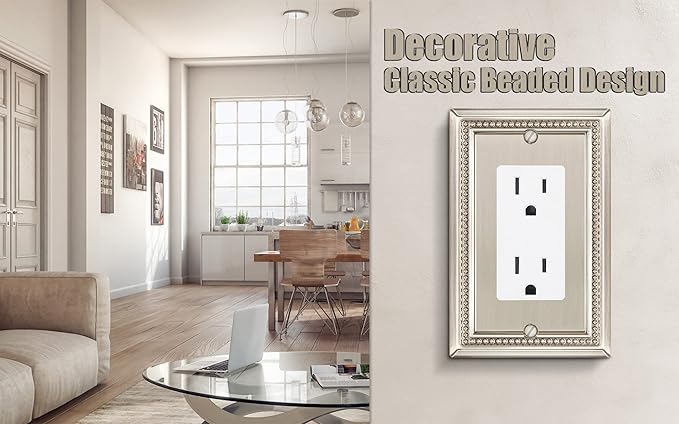 Henne Bery Sunken Pearls Heavy Duty Decorative Wall Plate Switch Plate Outlet Cover (Single Decorator, 3 Pack, Satin Nickel)