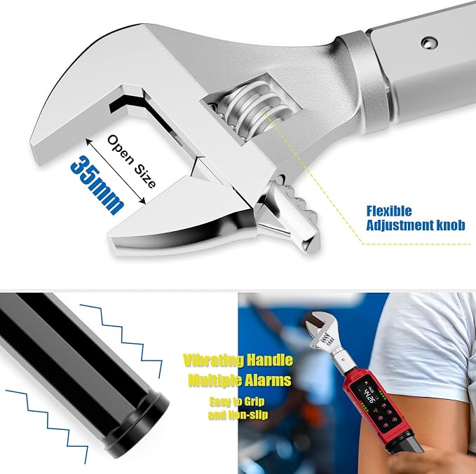 Adjustable Digital Torque Wrench, 0.66-44.29 Ft.lb, ±1% Accuracy | 0.9-60 Nm, 35mm Jaw & 3/8" Ratchet, 9×12mm Open End, Vibration, Buzzer and LED Indicator for for HVAC, Motorcycle, Plumbing