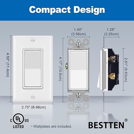 BESTTEN 10 Pack 3-Way Decorator Wall Light Switch with Wallplate, 15A 120V/277V, Single Pole or Three Way, On/Off Paddle Rocker Interrupter, UL Listed, White