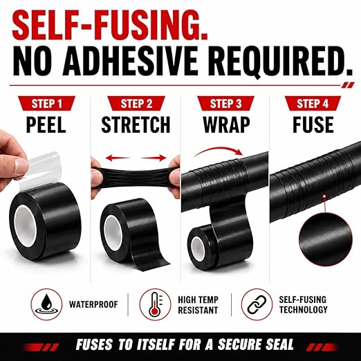 Self-Fusing Silicone Tape 1" x 5' x 20mil – Waterproof Emergency Repair Tape for Radiator Hoses, Pipes & Electrical Wiring – Heat Resistant, Insulating, Chemical Resistant, No Residue, Black