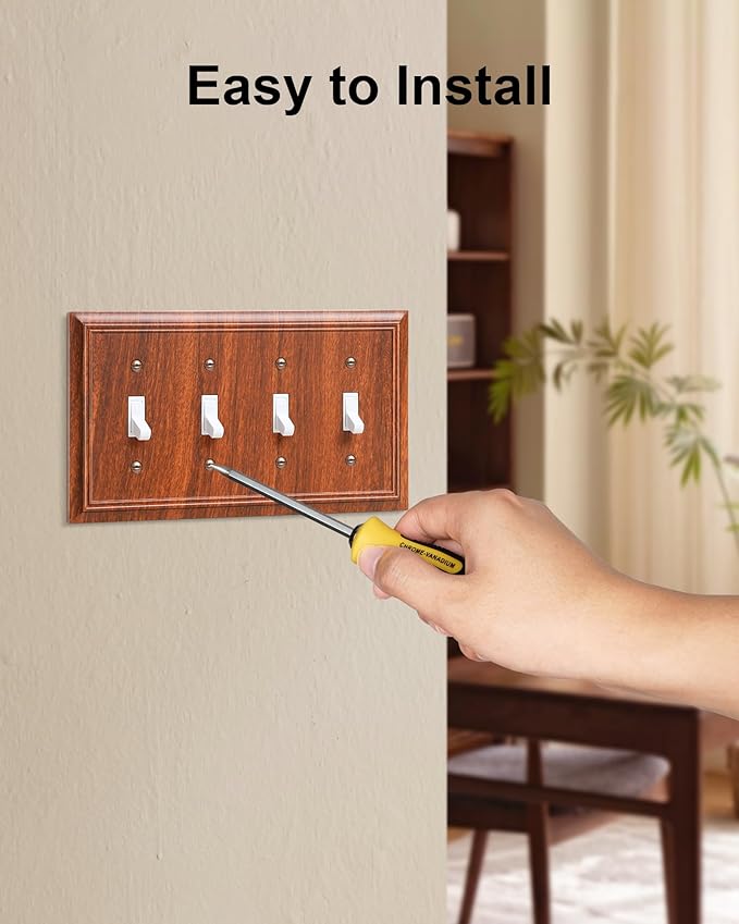 2-Pack Quad Toggle Light Switch Cover Plate, Wood Grain Decorative Switch Plate Covers, Natural Bamboo Fiber 4 Gang Wall Plate for Toggle Light Switch and Rotary Dimmer Switch
