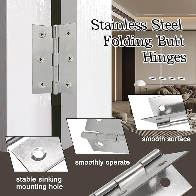Luomorgo 10 Pack 3 Inch Mini Hinges Butt Hinges, Stainless Steel Cabinet Hinges, Small Folding Door Hinge for Wooden Box, Crafts (Silver)