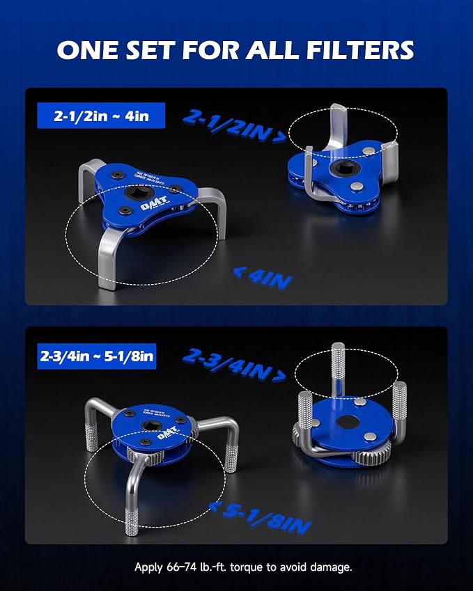 OMT 2pc Oil Filter Wrench Set, 2.5-4 & 2.7-5.1 in. Diameters | Adjustable Oil Filter Removal Tools for 1/2 & 3/8 in Drive, Universal Oil Change Filter Wrenches for Car Truck Motorcycle