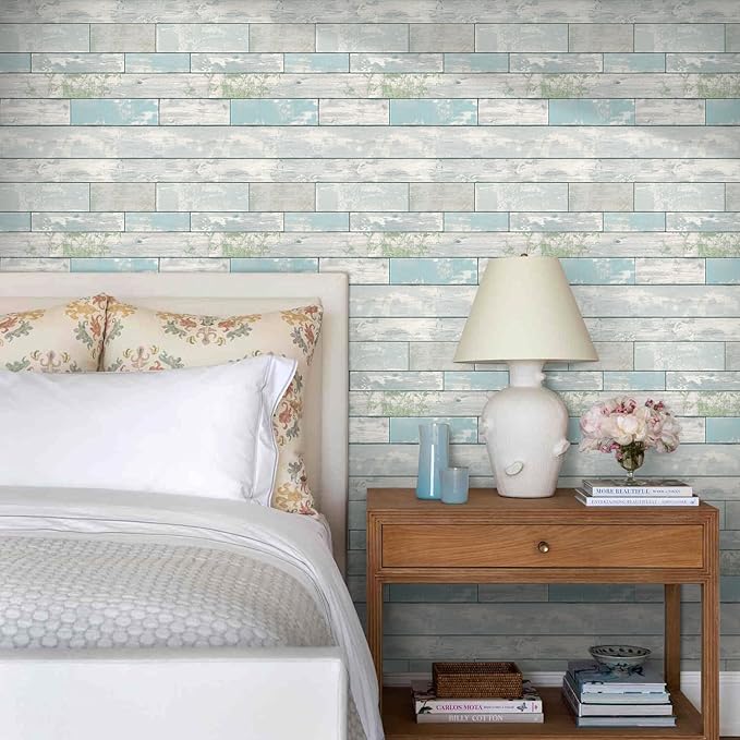 COMSTICKC Peel and Stick Faux Wood Wall Panels Shiplap Vintage Blue, 10 Pcs of 12" x 12", Not Real Wood, Thin PVC 3D Fake Wood Self-Adhesive Wall Covering Wallpaper for Interior Farmhouse Decor