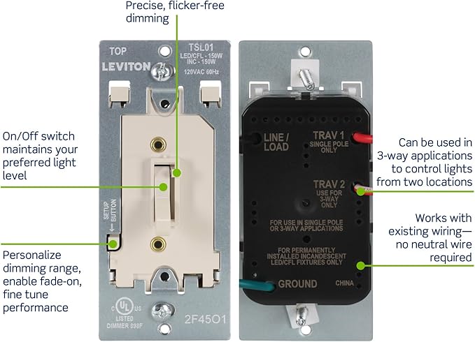 Leviton Toggle Slide LED Advanced Dimmer Switch for 150W Dimmable LED, Halogen and Incandescent Bulbs and Fixtures, TSL01-T, Light Almond