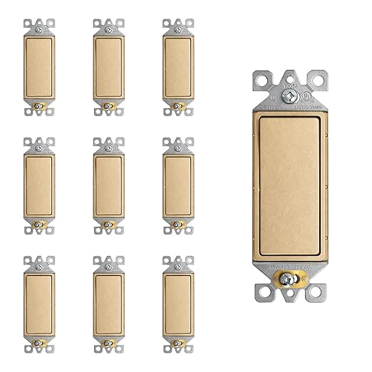 ELEGRP Matte Champagne Gold 3 Way Decorator Light Switch, 15A 120-277V, Paddle Rocker Switch Replacement, On/Off Wall Switch, Self-Grounding, Residential Grade, UL/CUL, 10 Pack