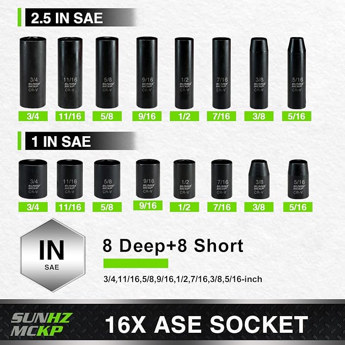SUNHZMCKP 3/8 Impact Socket Set, 52 Piece Shallow & Deep 6 Point Sockets | SAE (5/16-3/4 inch) and Metric (8-22mm) 3/8 Socket Set, 3/8 Ratchet Handle, Extension Bars, Adapters, Universal Joint, CR-V