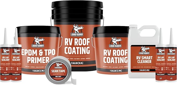 Liquid Rubber RV Roof Coating 35 Ft Leak Repair Kit – Solar Reflective, Waterproof & Weatherproof Protection – Complete System with Sealer, EPDM Primer, Cleaner, Seam Tape & Lap Sealant