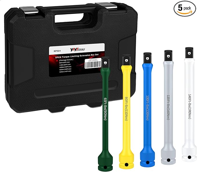 YIYITOOLS 5Pcs 1/2" Drive Torque Limiting Extension Bar Set, 8" Long Torque Sticks (65-140 Ft-lbs), Impact Socket Extensions with Storage Case, Color-Coded, for Lug Nuts, Tire Repair