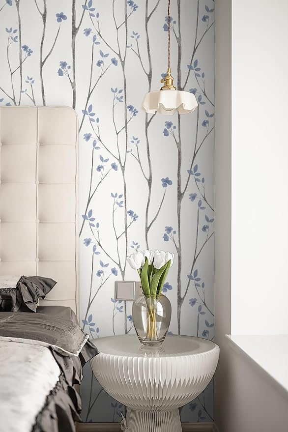 Timeet 16.1" x 197" Leaf Wallpaper Peel and Stick White and Purple Wallpaper Boho Self Adhesive Removable Vinyl Contact Paper for Bedroom Living Room Decor