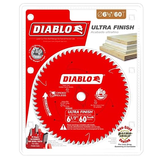 Diablo Tooth Ultra Finish Saw Blade - 6-1/2" Dia x 60 ATB, 10000 Max RPM | Clean Crosscuts and Rip Cuts in Wood Plywood and Melamine, Thin Kerf Design - D0660X