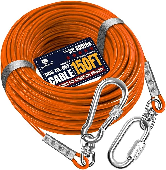 Tie Out Cable for Dogs Up to 300lbs, 150ft Extra Strong 1000lbs Break Strength Tie-Out Tether Trolley Training Lead,Dog Run Cable for Yard Garden Park Camping Outside (Orange, 300lbs 150ft)