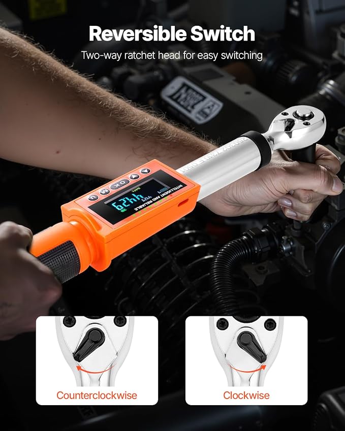 VEVOR Digital Torque Wrench, 3/8-Inch Drive, 4.94–99.57 lbf-ft, 72-Tooth, ±2% Precision Electronic Wrench with Preset Function, Audible Alert, and LED Indicator for Automotive and Motorcycle Use