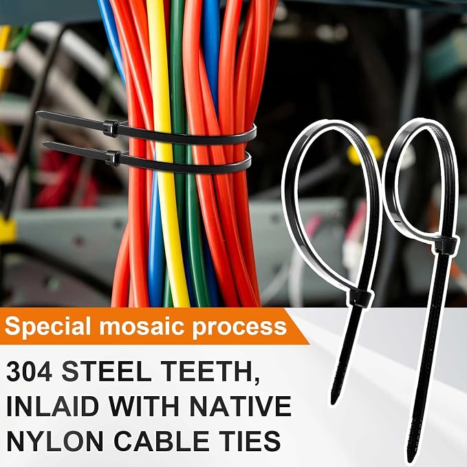Blulu 500 Pcs 7 Inch Cable Zip Ties with Metal Tooth Stainless Steel Locking Device, Black Nylon Cable Ties, 50 Lbs Tensile Strength, UV Resistant Wire Wraps Multi Purpose for Indoor Outdoor Use