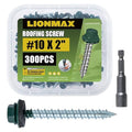 LIONMAX Metal Roofing Screws #10 × 2 Inch, 300-PCS, Forest/Ivy Green Painted Hex Head Sheet Metal Roof Screws, Rubber Washer, Sharp Point, Metal to Wood Siding Screws, Hex Socket Included