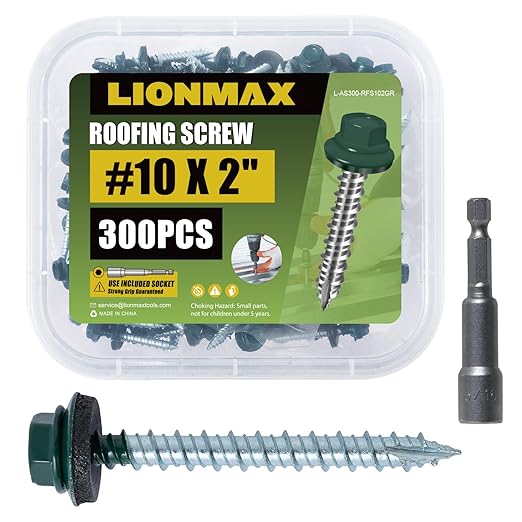 LIONMAX Metal Roofing Screws #10 × 2 Inch, 300-PCS, Forest/Ivy Green Painted Hex Head Sheet Metal Roof Screws, Rubber Washer, Sharp Point, Metal to Wood Siding Screws, Hex Socket Included