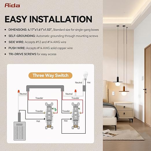 AIDA 3 Way 15 Amp Quiet Indoor Toggle Switch Self-Grounding ON Off Toggle, Residential Grade, UL Listed, Quickwire Push-in & Side Wired (White, 20 Pack)