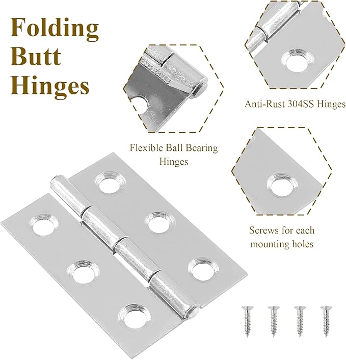 20pcs 2 Inch Butt Hinges, Stainless Steel Cabinet Hinges, Small Door Hinges Window Hinge, Folding Box Hinges for Jewelry, Wooden, Chest Box (Chrome)