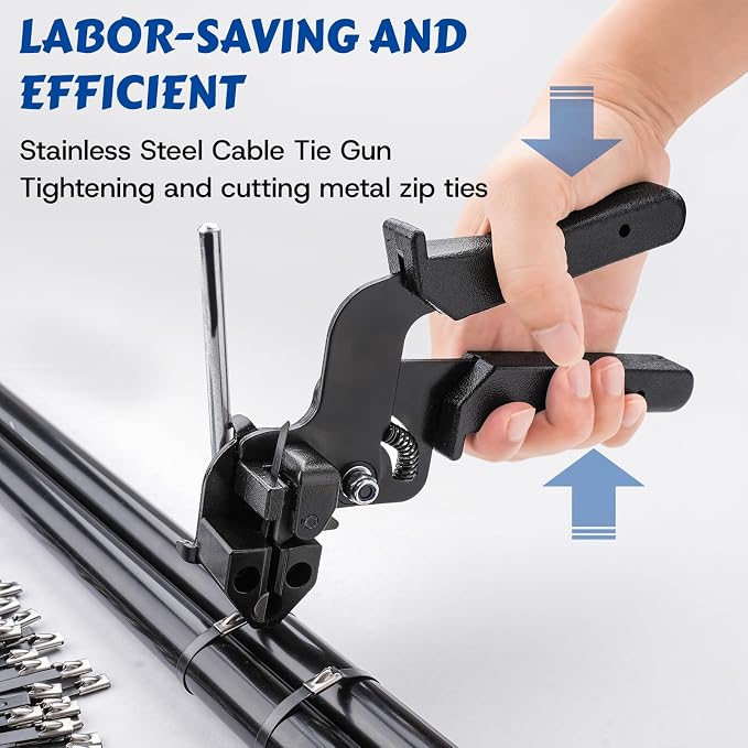 Metal Zip Ties, Stainless Steel Cable Tie Gun Set with 300pcs Metal Zip Tie Heavy Duty Outdoor Adjustable Fastening Cutting Tie Tool Sets for Chain Link Fence, Exhaust Pipe, Farms, Poultry Fence