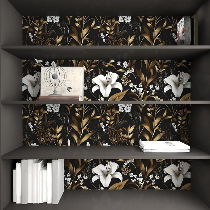 Laatse Black Gold Wallpaper Peel and Stick, Dark White Floral Vintage Contact Paper 17.5" x 197", Golden Botanical Wall Paper Self Adhesive Removable Waterproof for Bedroom Shelf Drawer Table Decor