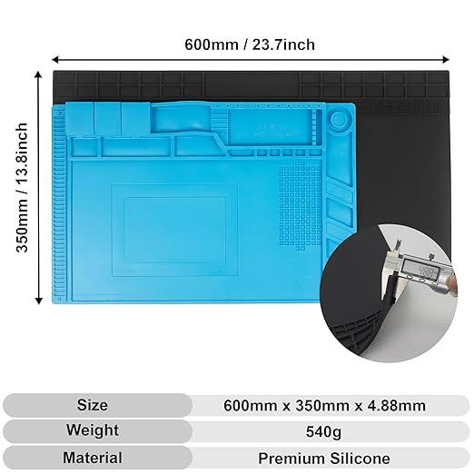 23.7'' x 13.8'' Extra Large Silicone Soldering Mat with Wrist Strap 932°F Heat Resistant Solder Mat Premium Silicone Repair Mat Work Mat for Electronic, Cellphone, Laptop Repair (Black)