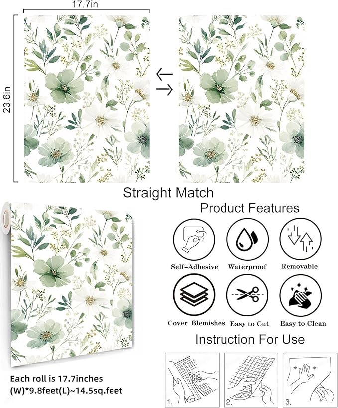 Sage Green Floral Peel and Stick Wallpaper 17.7" x 118" | Thick removable watercolor natural flower design for renters and bedroom accent walls
