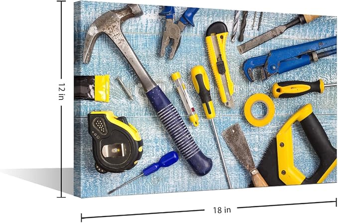 Repairman Maintenance and Housework Project Tools on Workshop Desk Top View Picture 1 Panels Canvas Wall Art Poster Framed Artwork for Home Living Room Bedroom Wall Decoration (12" Wx18 H)