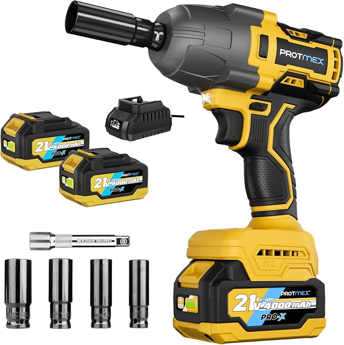 900Ft-lbs (1200N.m) Impact Wrench, 1/2" Cordless Impact Gun, 21V High Torque Brushless Impact Driver, 2x4.0Ah Batteries Electric Impact Motor Variable Speeds for Car/Pickup Truck/Mower, Yellow