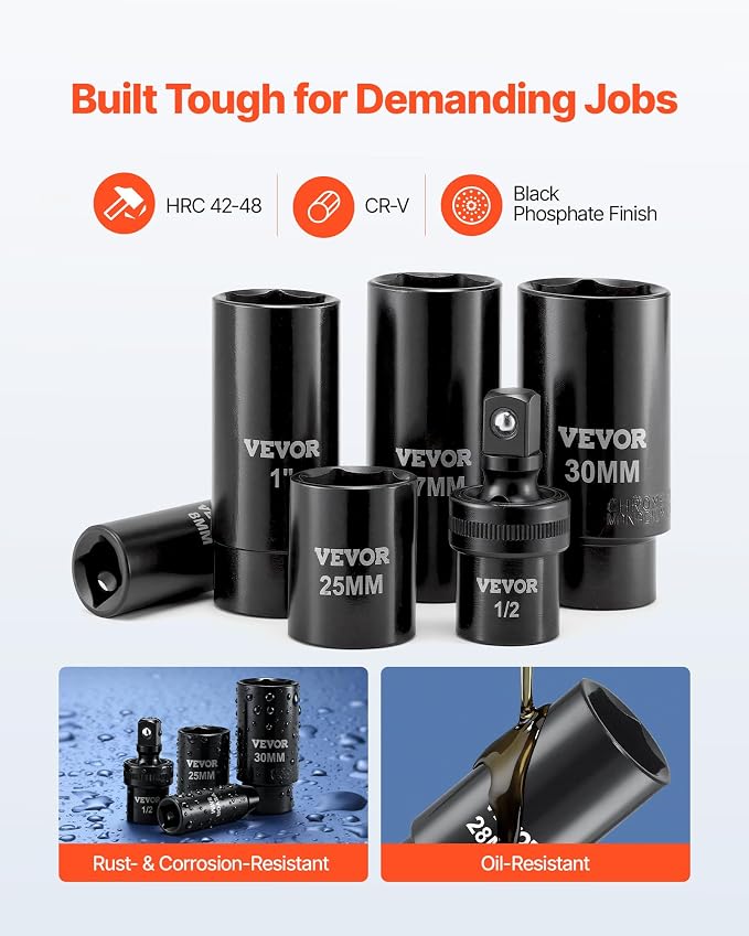 VEVOR 91-Piece 1/2" Drive Impact Socket Set, Deep & Shallow Kit | SAE (5/16" to 1-1/4") & Metric (8 to 32 mm), 6 Point, CR-V, Ratchet Handle, Universal Joint, Adapters, Extension Bars