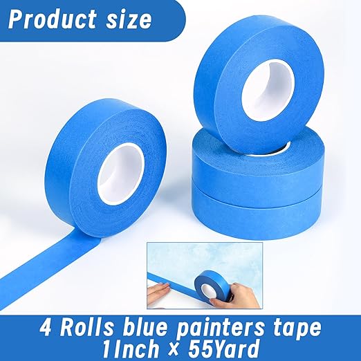 4 Rolls Blue Painters Tape, 1Inch x 55 Yards - Multi-Surface Masking Tape for Wall Painting & DIY Home Use