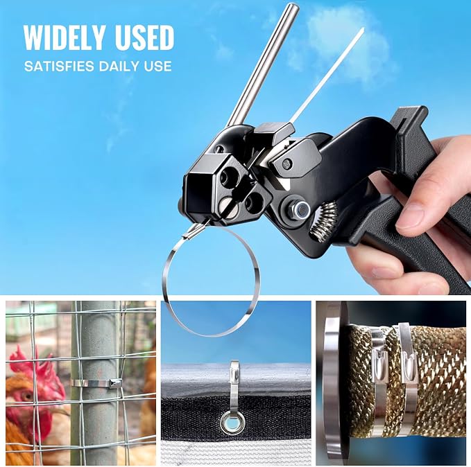 Stainless steel cable tie gun kit, with 200 heavy-duty metal zip ties | Tensile strength 200 lbs two sizes of cable ties UV resistant for use in outdoor fencing chicken coops and wire mesh fixing