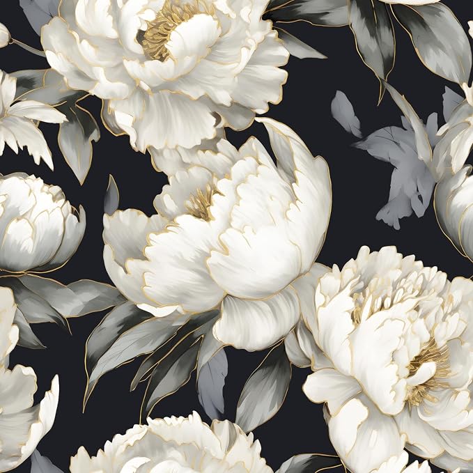 ILHIIOR Black/White Floral Peel and Stick Wallpaper 17.5 x 393 Inches | Leaf Removable Self Adhesive Waterproof Contact Paper, Renter Friendly Decor for Cabinets, Drawers & Bedroom Walls