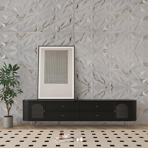 33 Pack 3D Wall Panel Diamond for Interior Wall Décor, PVC Textured Wall Panels, 12''x12'' Cover 32.Sq.Ft. Gold Veined White | PVC Accent Wall Panels for Interior Wall Decor, Living Room Lobby Bedroom Hotel Office