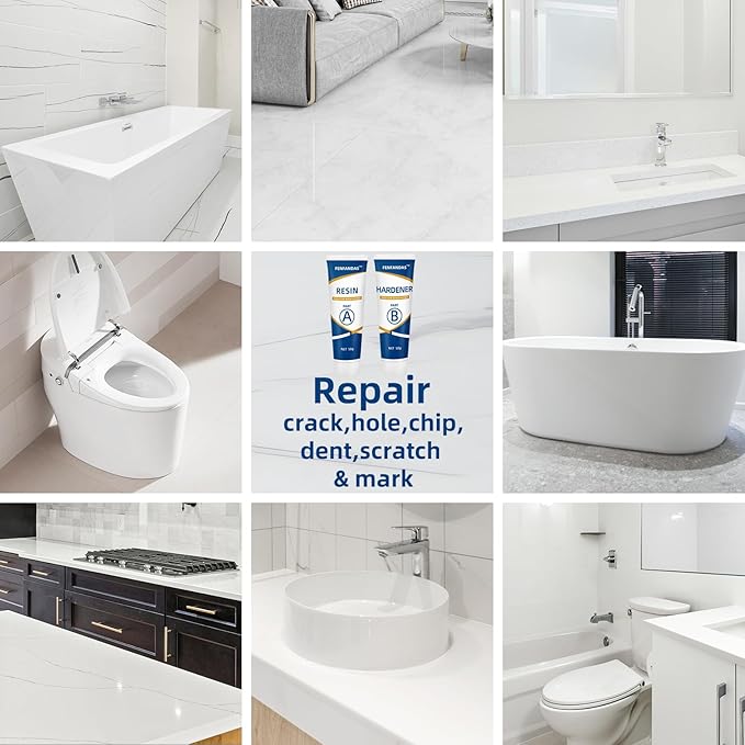 Tub and Shower Repair Kit White, Fiberglass Tub and Porcelain Repair Kit, Acrylic, Enamel, Ceramics Tile Toilet and Sink Repair Kit, Repair cracks, fragments, holes and pits, Bathtub Repair Kit White