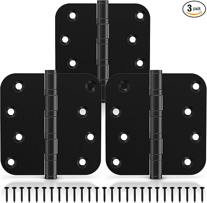KOLET Ball Bearing Door Hinges, 4 x 4 Inches Door Hinges, Heavy Duty Stainless Steel Hinges, 5/8'' Radius Corner, Smooth and Quiet, Non Removable Pin, Matte Black, 3 Pack