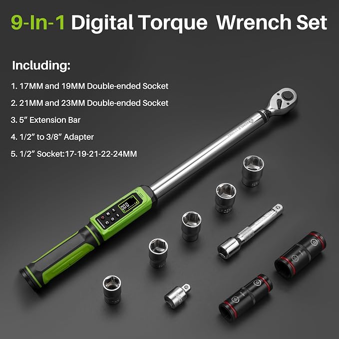 1/2" Digital Torque Wrench Set-3.8-250.8Ft.Lb for Car Auto Trucks | Electric Torque Wrench 1/2 Drive, Vibration Buzzer LED Indicator,±2% Accuracy Five Units for DIYers RV Owners Farmers