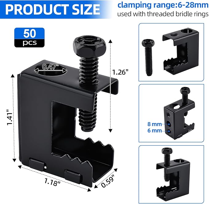 50pcs Spring Steel Beam Clamps 1/4"-20 Metal Beam Hangers Bolt on Clamp for 1/4" and 3/8" Threaded Rod, S-hooks and Bridle Rings, Black