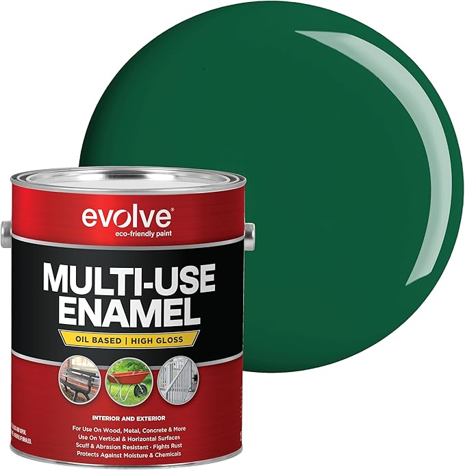 EVOLVE Multi-Purpose Alkyd Enamel – Interior Exterior Oil-Based Paint for Wood, Metal, Concrete, & Masonry, High-Gloss, Rust & Abrasion Resistant (Hunter Green, 1 Gallon)