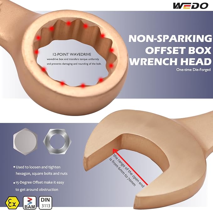 WEDO Non-Sparking Combination Wrench 25mm,Beryllium Copper,Non-magnetic | 12-Point Metric Spark-free Spanner,15-Degree Offset,Corrosion-resistance,DIN3113,BAM&FM Certificate,For Oil,Chemical,Mining