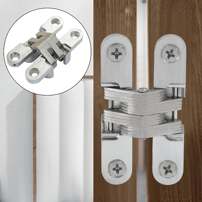 Murtenze 4 Pack Hidden Hinges, 2.36" Stainless Steel Cross Invisible Swing Hinges, 180 Degree Concealed Cross Hinge for Kitchen Cabinet Door