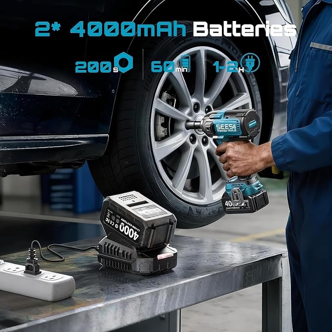 SEESII Upgraded Impact Wrench 1180 Ft-lbs (1600 N·m): 1/2" High-Torque Impact Gun with Detachable Side Handle, 21V Cordless Impact Driver 2x 4.0Ah Batteries for Car/Pickup Truck/Mower/Industrial Tasks