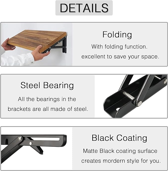 Folding Shelf Brackets 24 inch 4 Pcs - DIY Wall Mounted Shelf Bracket for Garage Workstation, Stuff Supports, Plant Stand - Heavy Duty Metal Collapsible Floating Shelf Bracket Black