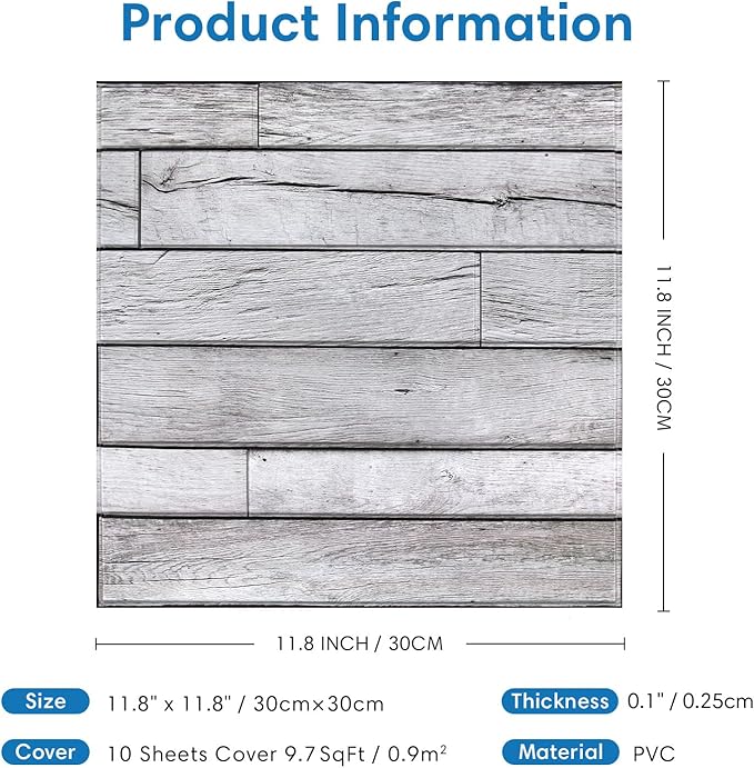COMSTICKC Peel and Stick Shiplap Faux Wood Wall Sticker, 10 Pcs of 12" x 12", Ultra-Light Thin PVC 3D Fake Wood Self-Adhesive Wall Covering Panels for Interior Farmhouse Decor, Vintage Gray