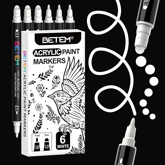Betem 6 White Dual Tip Acrylic Paint Markers, Fabric Decorating Kits Premium Water-Based Acrylic Paint Pens Art Supplies for Fabric, Rock, Wood, Glass, Canvas, Ceramic, Teacher Appreciation Gift